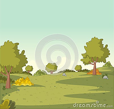 Green park with grass and trees. Vector Illustration