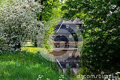 Green park with ponds and old water mill in central part of Eindhoven city, North Brabant, Netherlands in spring time Stock Photo