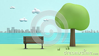 Green parks river side chair,trees,city cartoon style low poly 3d render Stock Photo