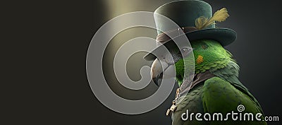 Green parrot gentleman and boss in a hat, suit and tie. Banner header. AI generated Stock Photo