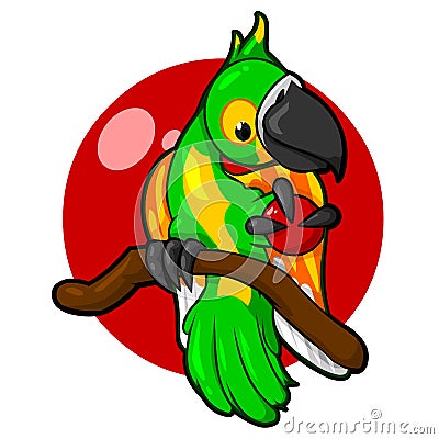 Green Parrot with a red background, bird, tropics Vector Illustration