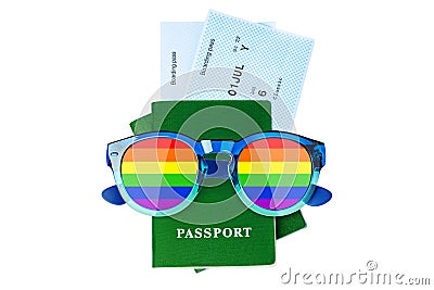 Green passport, airplane boarding pass, flight ticket, LGBTQ sunglasses, rainbow glasses, LGBT people summer holidays, vacation Stock Photo