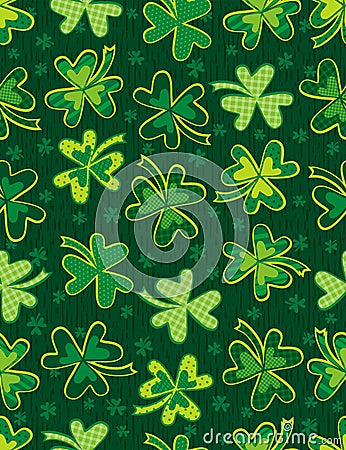 Green Patricks Day background with green clovers. Patrick's Day holiday design. Seamless Pattern. Can be used for wallpaper, Vector Illustration