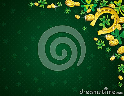 Green Patricks Day background with golden horseshoe coins and clover. Patrick`s Day design. Greetings card. Can be used for Vector Illustration