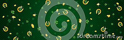 Green Patricks Day greeting banner with golden horseshoes, coins and clovers. Patrick`s Day holiday design. Horizontal background Vector Illustration