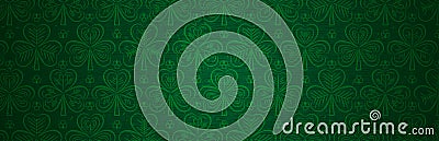 Green Patricks Day greeting banner with green clovers. Patrick`s Day holiday design. Horizontal background, headers, posters, Vector Illustration