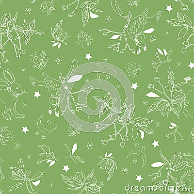 Green pattern with rose plant and animals. Vector Illustration