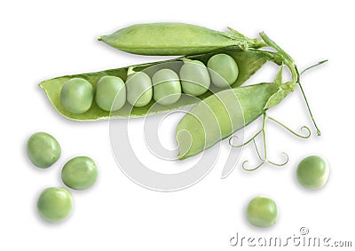 Green pea pods with open pod and peas on white background Stock Photo