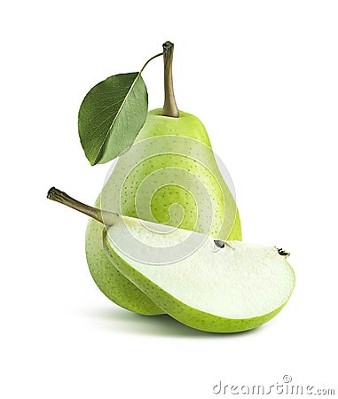 Green pear central composition whole quarter on white Stock Photo