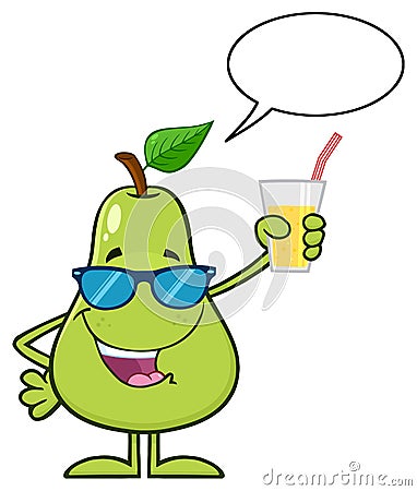 Green Pear Fruit With Sunglasses Cartoon Mascot Character Holding Up A Glass Of Juice Vector Illustration