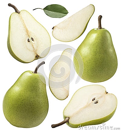 Green pear pieces set collection isolated on white Stock Photo