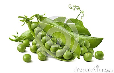 Green peas pods group isolated on white background Stock Photo