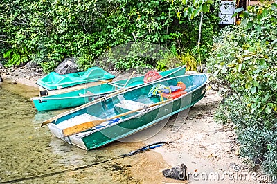 Green pedalo, boat and canoe in National park Stock Photo
