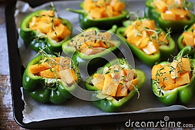 Green peppers stuffed with pumpkin. Selective focus. Macro. Stock Photo