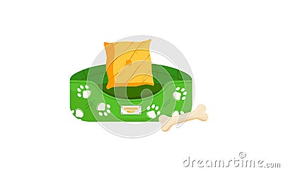 Green pet bed with paw prints, an orange pillow, and a bone. Comfortable pet furniture vector illustration Vector Illustration