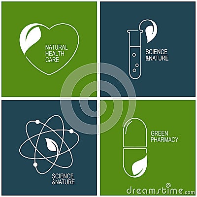 Green pharmacy and herbal medicine icons Vector Illustration