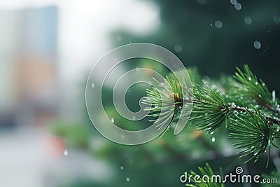 Green pine blurred branch at rainy drops. Generate Ai Stock Photo