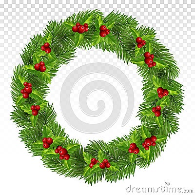 Green pine wreath. Large Christmas wreath with red berries, holly and fir branches. Christmas frame.Festive decorations.Vector Vector Illustration