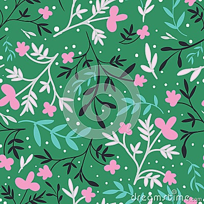 Green with pink flowers and leaves seamless pattern background design. Vector Illustration