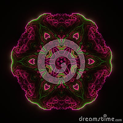 Green and pink glowing flowing neon mandala art Stock Photo