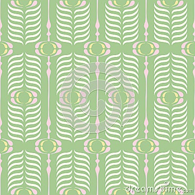 Green and Pink Retro Ogee Background Vector Seamless Pattern. Modern Classic Geometric pattern. Cream Feathers Print Vector Illustration