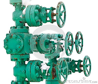 Green pipe system with valves Stock Photo