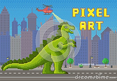 Green pixel dragon with fire. Helicopters battling with dinosaur. Pixel-game hero destroys houses Vector Illustration