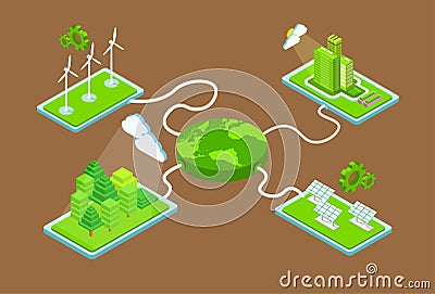 Green Planet Charge Fromm Station Solar Energy Panel Wind Turbine Tower Recycle Technology Battery Vector Illustration