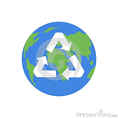 Green planet Earth and a recycling sign on a white background. Environmental concept. Vector illustration Vector Illustration