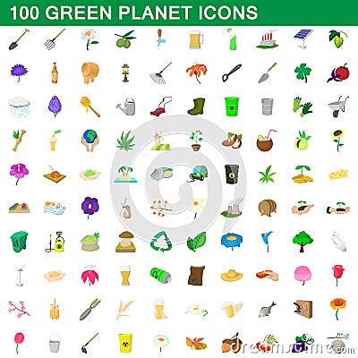 100 green planet icons set, cartoon style Vector Illustration