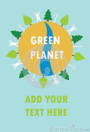 Green planet with people, trees and wind power Vector Illustration