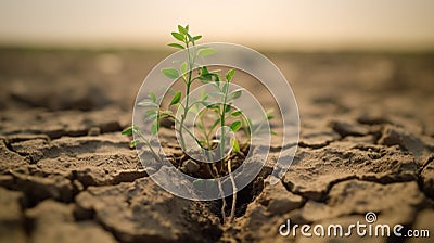 Green plant grow in middle dry cracked earth. nature recovery and climate change solution Stock Photo