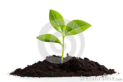 Green plant grow in pile of soil on white Stock Photo