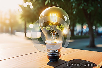 Green Plant Inside a Light Bulb on a Table Outside in The Sun Light . Green Energy Concepts. Created with Generative AI Stock Photo