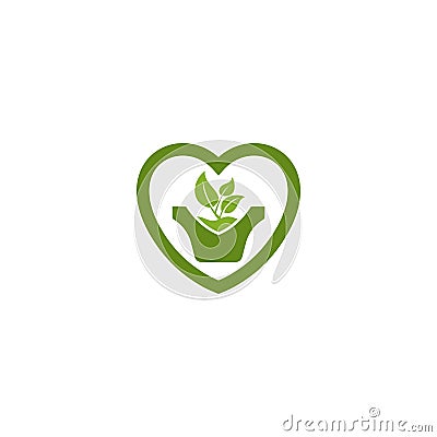 Green leaf in the love shape plant pot logo. Stock Photo