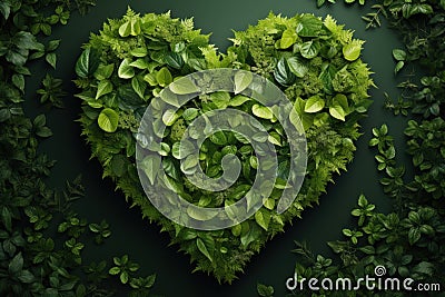 Green plants and different leaves collected in the shape of a heart on dark green background Stock Photo