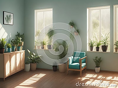 Green plants and soft lighting in the room interior adds a soothing and calming atmosphere. Stock Photo