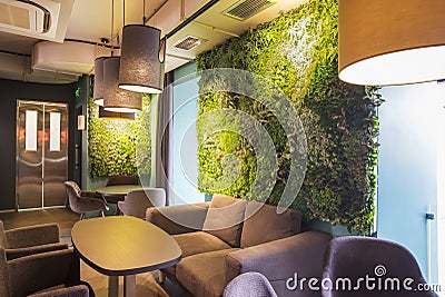 Green plants wall ornamental design on the wall in eco coffee cafe Stock Photo