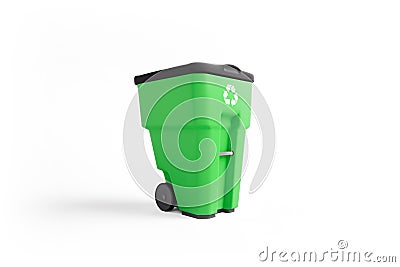 Green plastic garbage bin with recycling logo Stock Photo