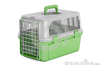 Green plastic pet carrier, 3D rendering Stock Photo