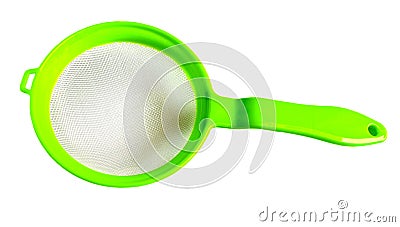 Green plastic sieve isolated on white background. Stock Photo