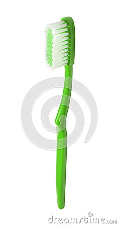 Green plastic toothbrush isolated over white Stock Photo