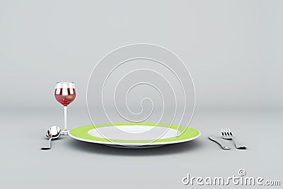 Green Plate with Glass of Red wine, fork, knife and spoon Stock Photo