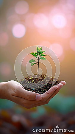 Green pledge Hand clutches a tree against a blurred nature backdrop Stock Photo