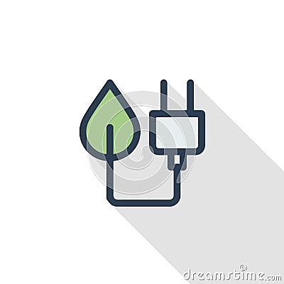 Green plug, Eco energy power socket thin line flat color icon. Linear vector symbol. Colorful long shadow design. Vector Illustration