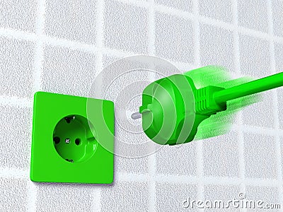 Green plug goes into a socket Stock Photo