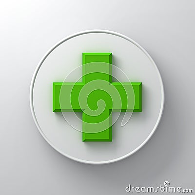 Green plus sign abstract on round signboard over white wall background with shadow Stock Photo