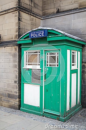 Green Police box Sheffield Editorial Stock Photo