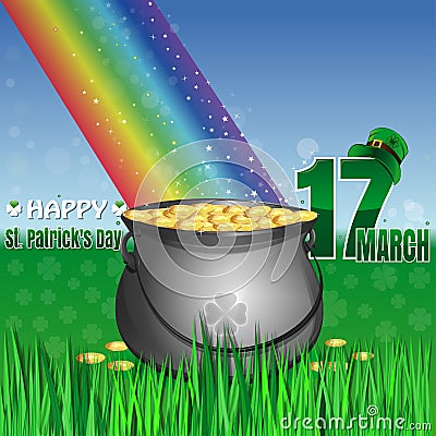 Green pot and leprechaun hat. Happy St. Patricks Day Vector Illustration