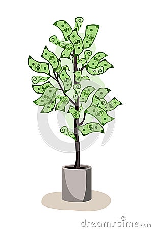 Green potted tree growing currency with dollar sign on white background, vector illustration Vector Illustration